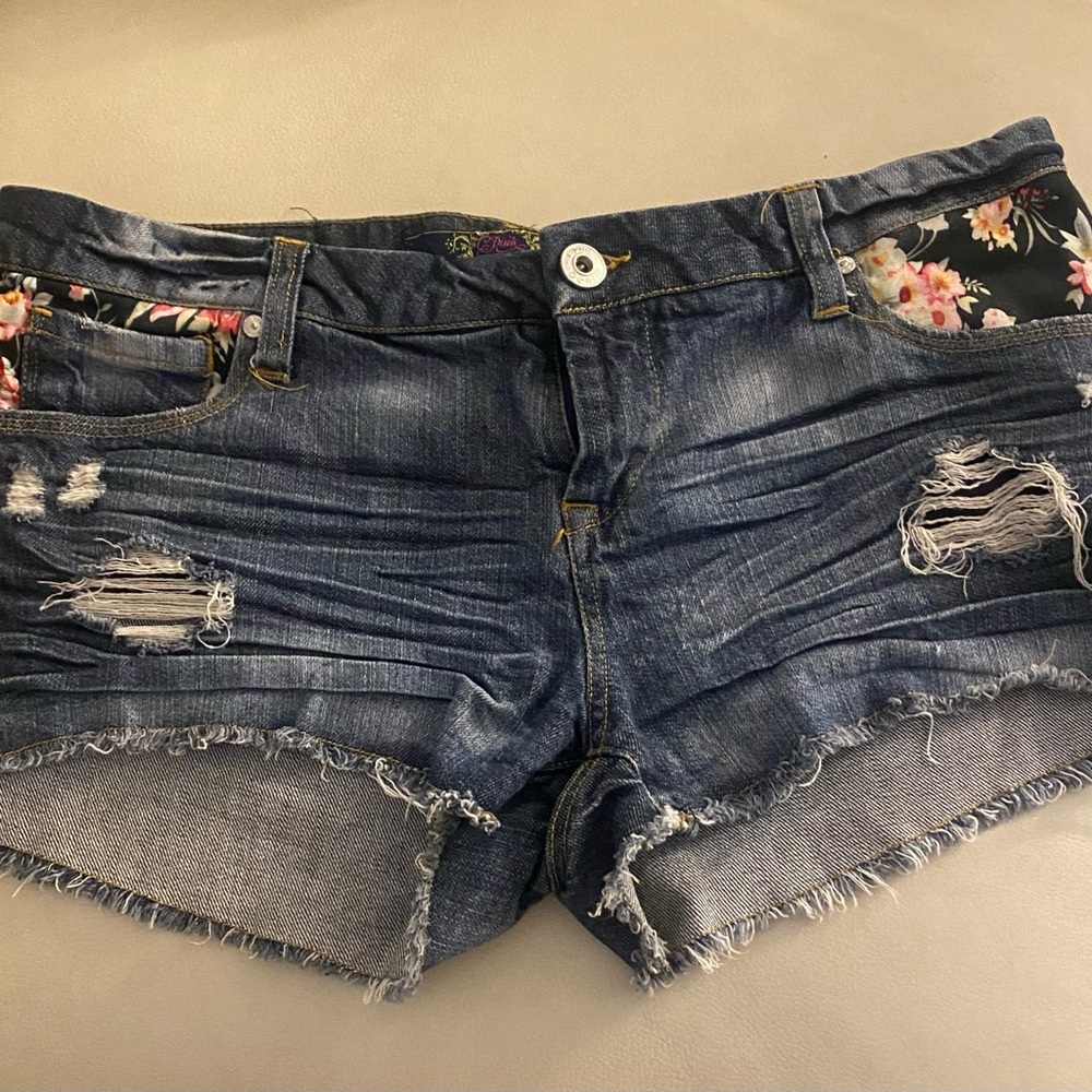 Celebrity Pink Blue and Black Jean Shorts Distressed Style